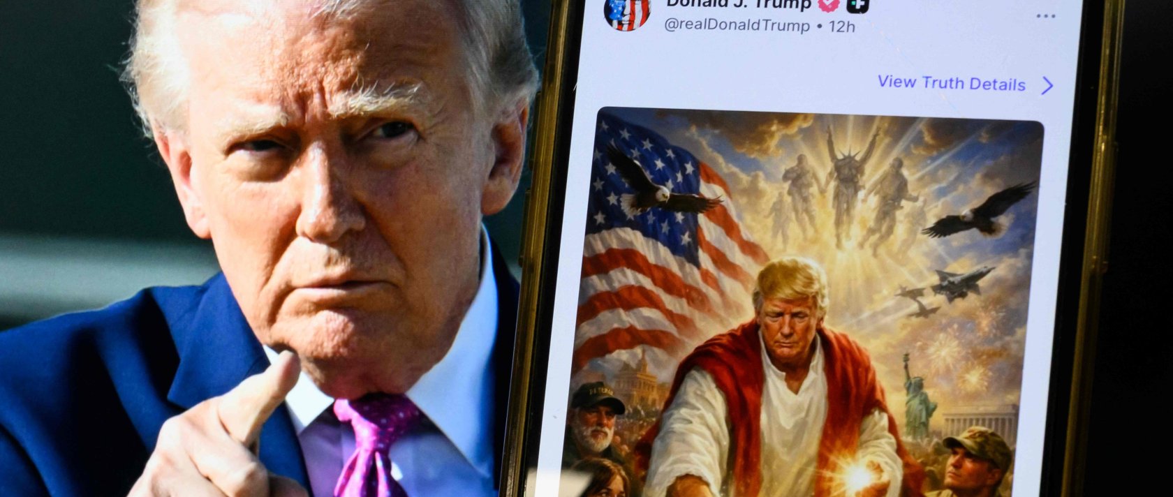 This photo illustration shows a picture of U.S. President Donald Trump on a screen and an AI-generated picture he posted on his Truth Social platform depicting himself as Jesus Christ after criticizing Pope Leo XIV, April 13, 2026. (AFP Photo)