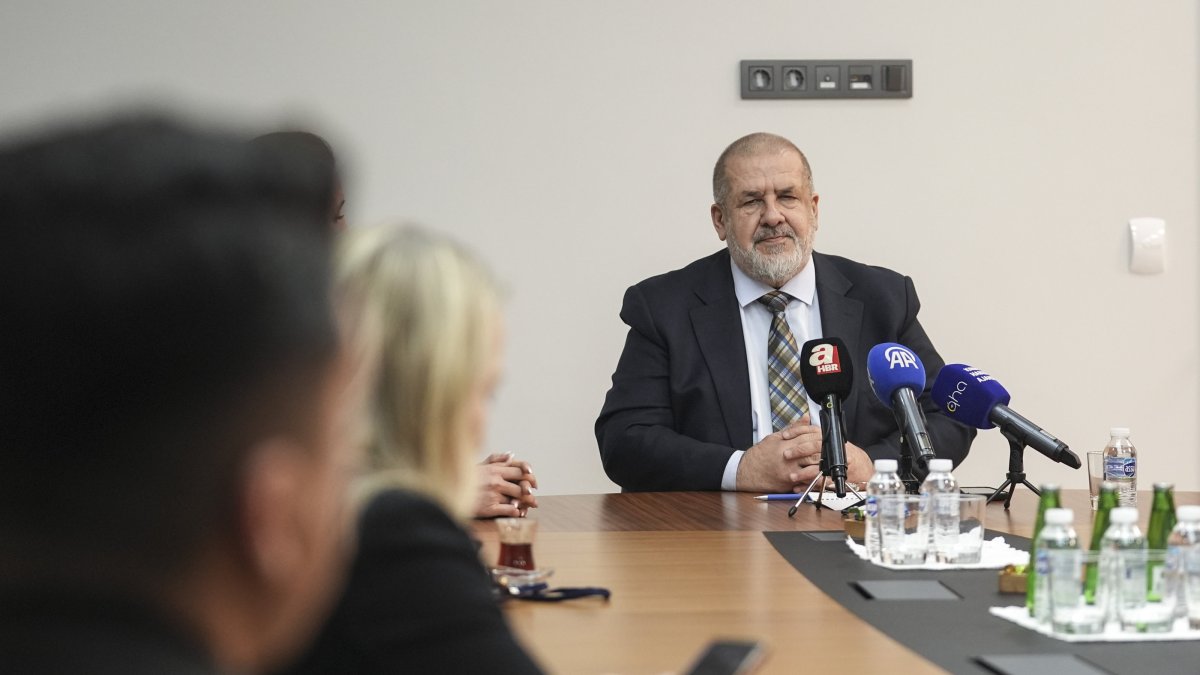 Refat Chubarov speaks to reporters at the Embassy of Ukraine about the situation of Crimean Tatars, Ankara, Türkiye,  April 14, 2026. (AA Photo)