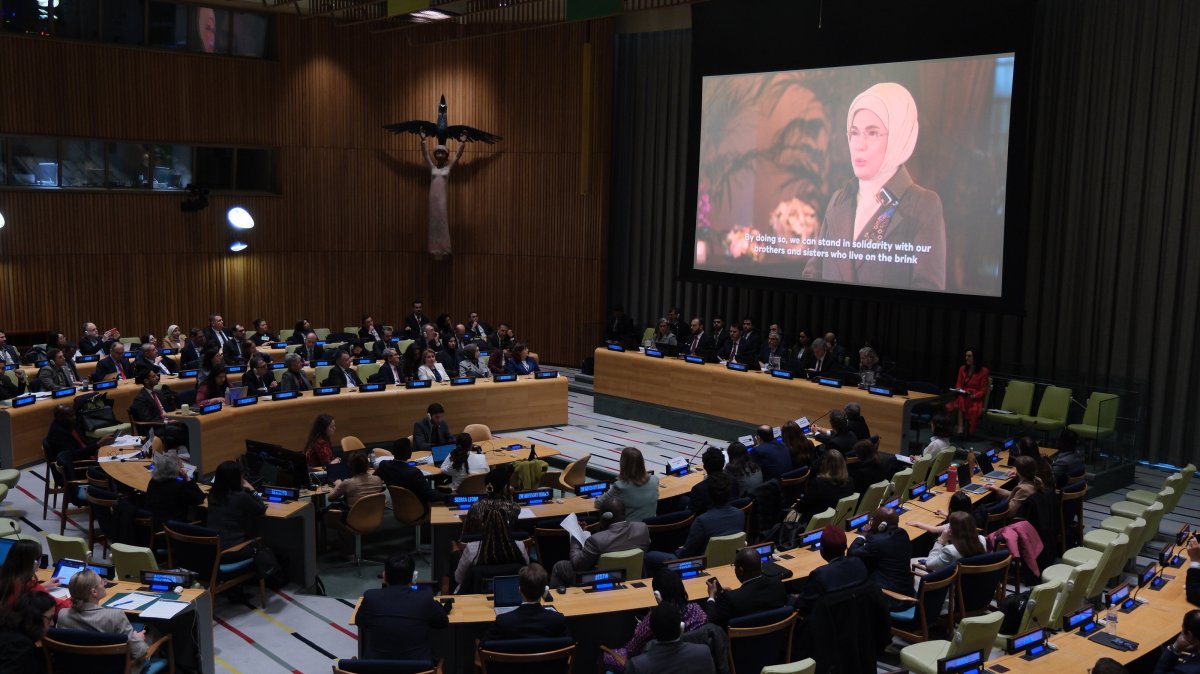 First lady Emine Erdoğan delivers a video message at the International Zero Waste Day commemoration held at the United Nations Headquarters, New York, U.S., March 28, 2026. (AA Photo)