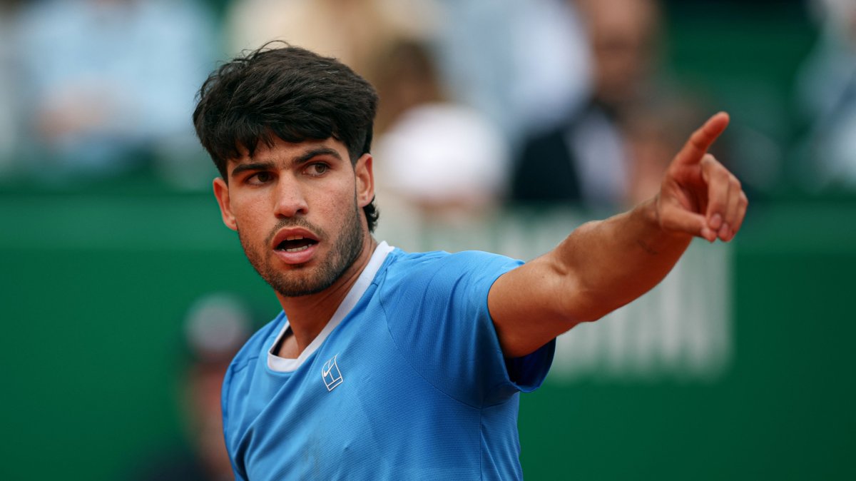 Spain's Carlos Alcaraz gestures during the Monte Carlo Masters final against Italy's Jannik Sinner, in Roquebrune-Cap-Martin, France, April 12, 2026. (AFP Photo)