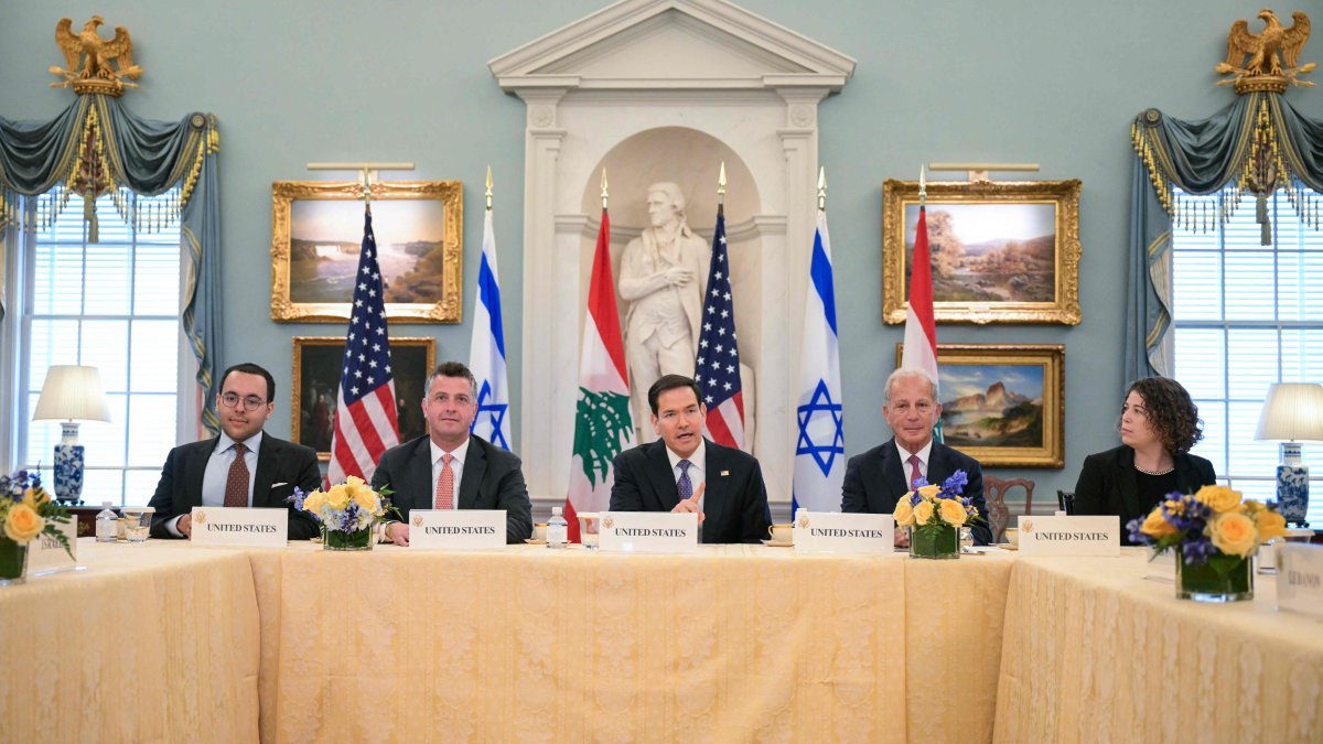 U.S. Secretary of State Marco Rubio, alongside U.S. State Department Counselor Michael Needham (2L) and U.S. Ambassador to Lebanon Michel Issa (2R), speaks during a meeting with Lebanon's Ambassador to the US Nada Hamadeh Moawad (out of frame) and Israeli Ambassador to the U.S. Yechiel Leiter (out of frame) at the State Department in Washington, D.C., April 14, 2026. (AFP Photo)