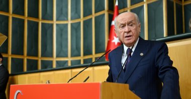 MHP leader Devlet Bahçeli speaks at the parliamentary group meeting of his party, Ankara, Türkiye, April 14, 2026. (AA Photo)