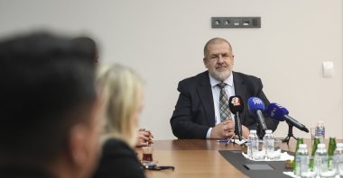 Refat Chubarov speaks to reporters at the Embassy of Ukraine about the situation of Crimean Tatars, Ankara, Türkiye,  April 14, 2026. (AA Photo)