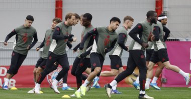 Bayern Munich players train ahead of their Champions League match against Real Madrid, Munich, Germany, April 14, 2026. (Reuters Photo)