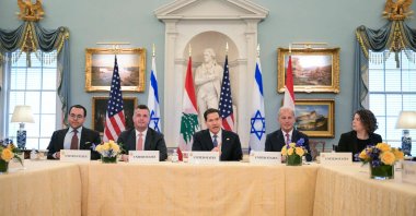 U.S. Secretary of State Marco Rubio, alongside U.S. State Department Counselor Michael Needham (2L) and U.S. Ambassador to Lebanon Michel Issa (2R), speaks during a meeting with Lebanon's Ambassador to the US Nada Hamadeh Moawad (out of frame) and Israeli Ambassador to the U.S. Yechiel Leiter (out of frame) at the State Department in Washington, D.C., April 14, 2026. (AFP Photo)