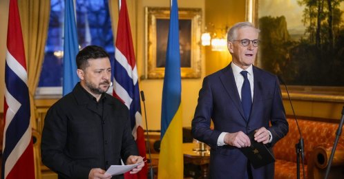 Norway's Prime Minister Jonas Gahr Store (R) and Ukrainian President Volodymyr Zelenskyy during their meeting at the government's representative residence in Oslo, Norway, April 14, 2026. (EPA Photo)