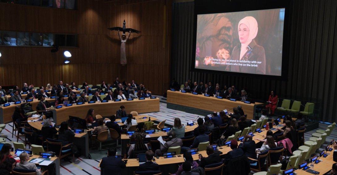 First lady Emine Erdoğan delivers a video message at the International Zero Waste Day commemoration held at the United Nations Headquarters, New York, U.S., March 28, 2026. (AA Photo)