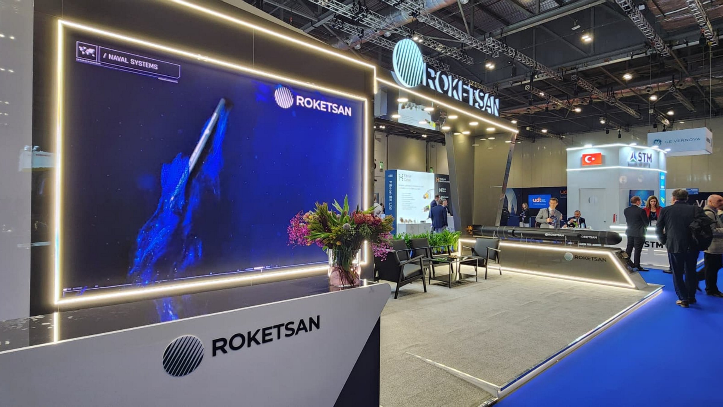 The booth of Turkish defense company Roketsan is seen at the Undersea Defence Technology (UDT) conference, London, U.K., April 14, 2026. (AA Photo)