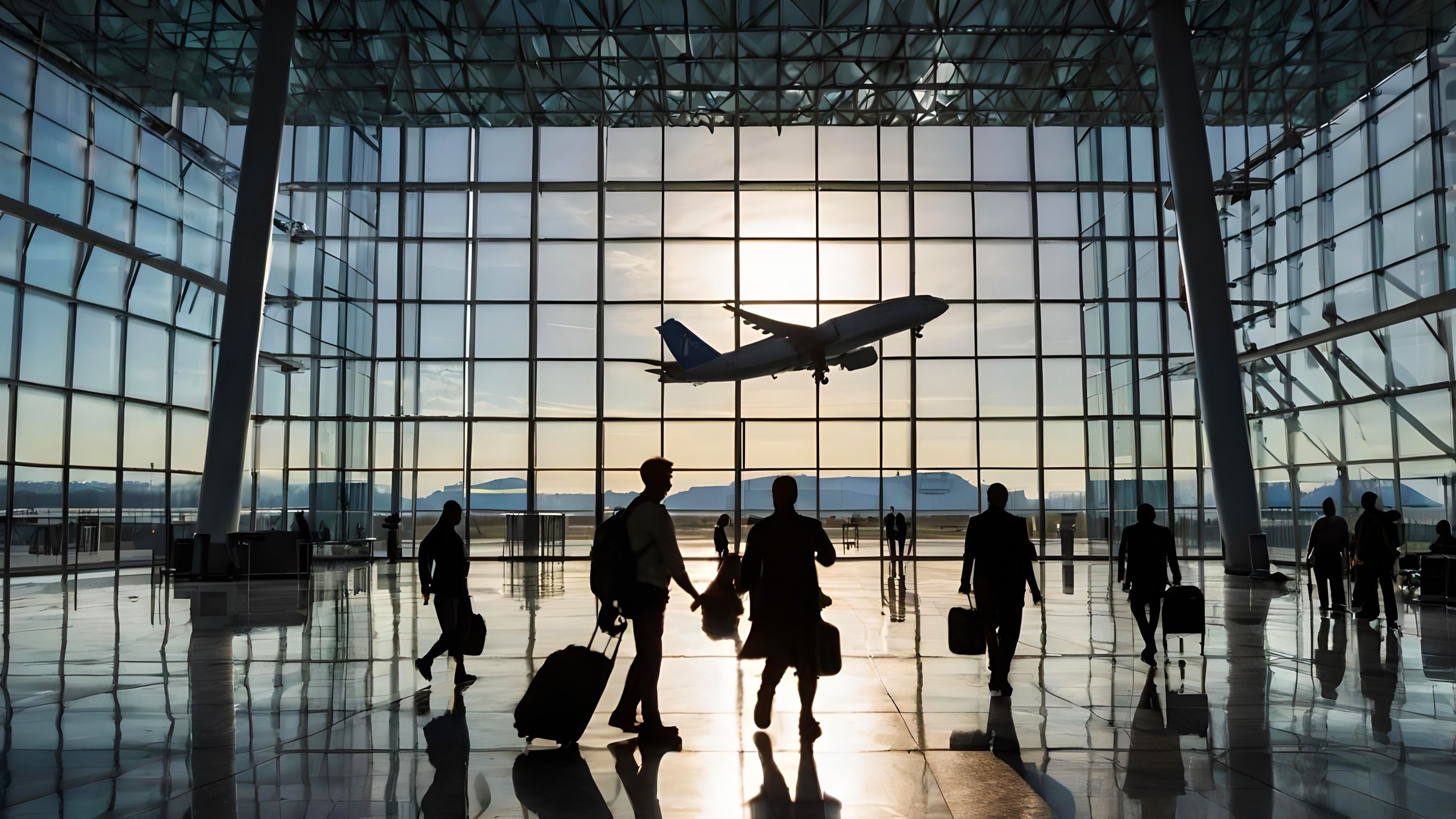 Silhouettes of passengers in a glass airport building. (Shutterstock Photo)