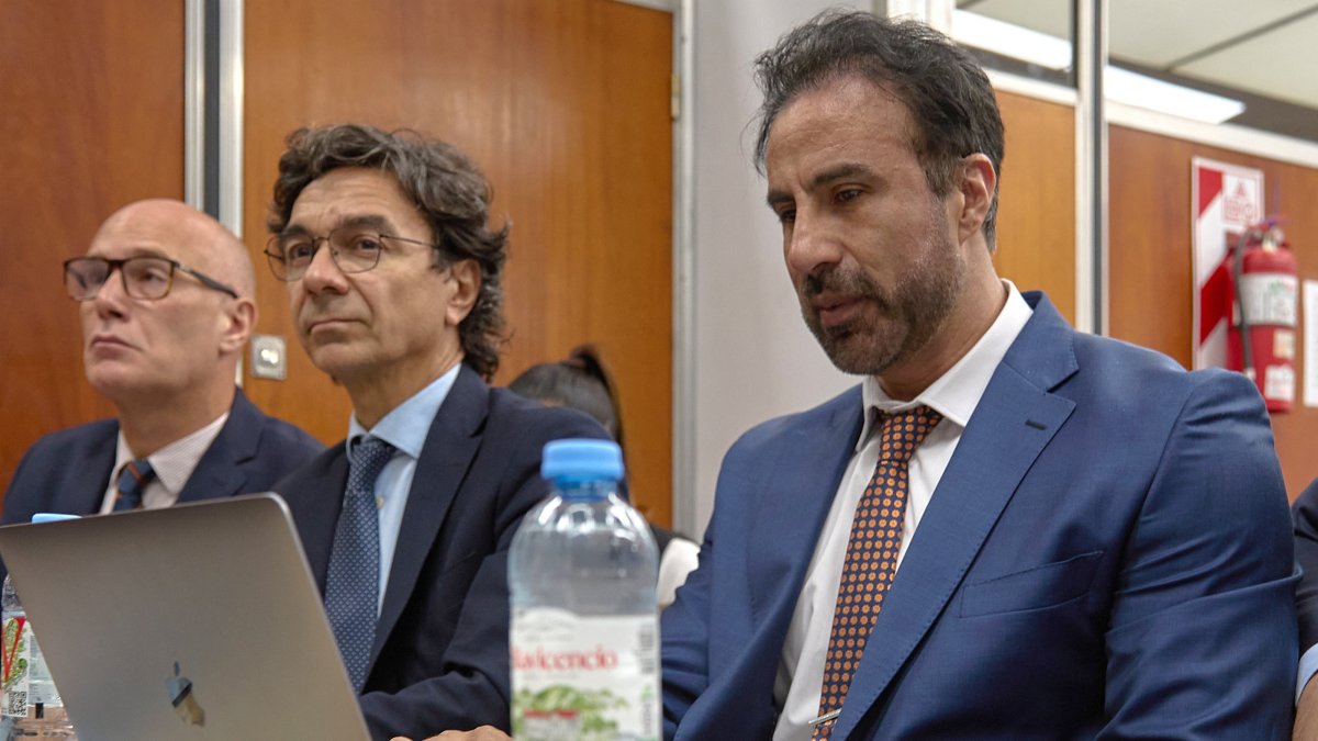 Diego Armando Maradona's neurosurgeon and personal physician, Leopoldo Luque (R), attends the San Isidro courthouse in Buenos Aires, Argentina, April 14, 2026. (EPA Photo)