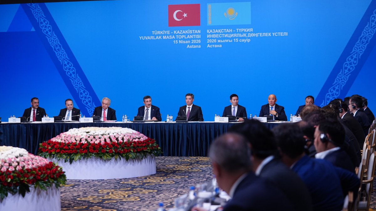 Vice President Cevdet Yılmaz and Kazakh Prime Minister Oljas Bektenov, alongside other officials, attend the roundtable meeting, Astana, Kazakhstan, April 15, 2026. (AA Photo)