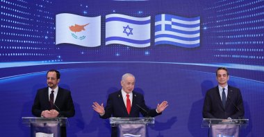 Israeli Prime Minister Benjamin Netanyahu (C), Greek Cypriot leader Nikos Christodoulides (L) and Greek Prime Minister Kyriakos Mitsotakis hold a joint press conference after a trilateral meeting at the Citadel of David Hotel, west Jerusalem, Israel, Dec. 22, 2025. (AP Photo)