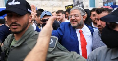 Israeli National Security Minister Itamar Ben-Gvir reacts on the day the Supreme Court hears a petition seeking to force Prime Minister Benjamin Netanyahu to oust Ben-Gvir, in Jerusalem, April 15, 2026. (Reuters Photo)