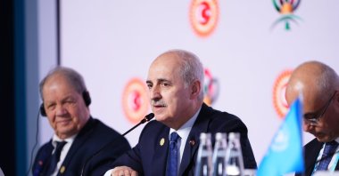 Numan Kurtulmuş, speaker of the Turkish Parliament, speaks during a meeting held on the sidelines of the 152nd General Assembly of the Inter-Parliamentary Union, Istanbul, Türkiye, April 15, 2026. (AA Photo)