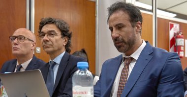 Diego Armando Maradona's neurosurgeon and personal physician, Leopoldo Luque (R), attends the San Isidro courthouse in Buenos Aires, Argentina, April 14, 2026. (EPA Photo)