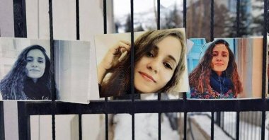 Photos of Gülistan Doku are displayed during a protest, Tunceli, Türkiye, April 14, 2026. (DHA Photo)
