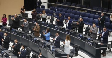 A group of lawmakers reacts during a plenary session in San Salvador, El Salvador, March 17,  2026. (EPA File Photo)