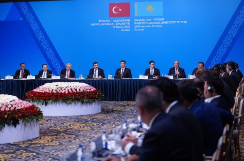 Vice President Cevdet Yılmaz and Kazakh Prime Minister Oljas Bektenov, alongside other officials, attend the roundtable meeting, Astana, Kazakhstan, April 15, 2026. (AA Photo)