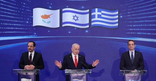 Israeli Prime Minister Benjamin Netanyahu (C), Greek Cypriot leader Nikos Christodoulides (L) and Greek Prime Minister Kyriakos Mitsotakis hold a joint press conference after a trilateral meeting at the Citadel of David Hotel, west Jerusalem, Israel, Dec. 22, 2025. (AP Photo)