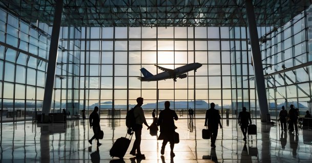 Silhouettes of passengers in a glass airport building. (Shutterstock Photo)