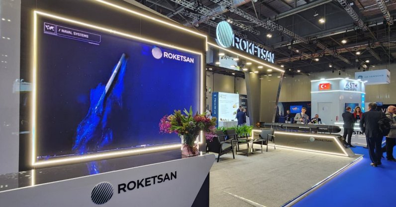 The booth of Turkish defense company Roketsan is seen at the Undersea Defence Technology (UDT) conference, London, U.K., April 14, 2026. (AA Photo)