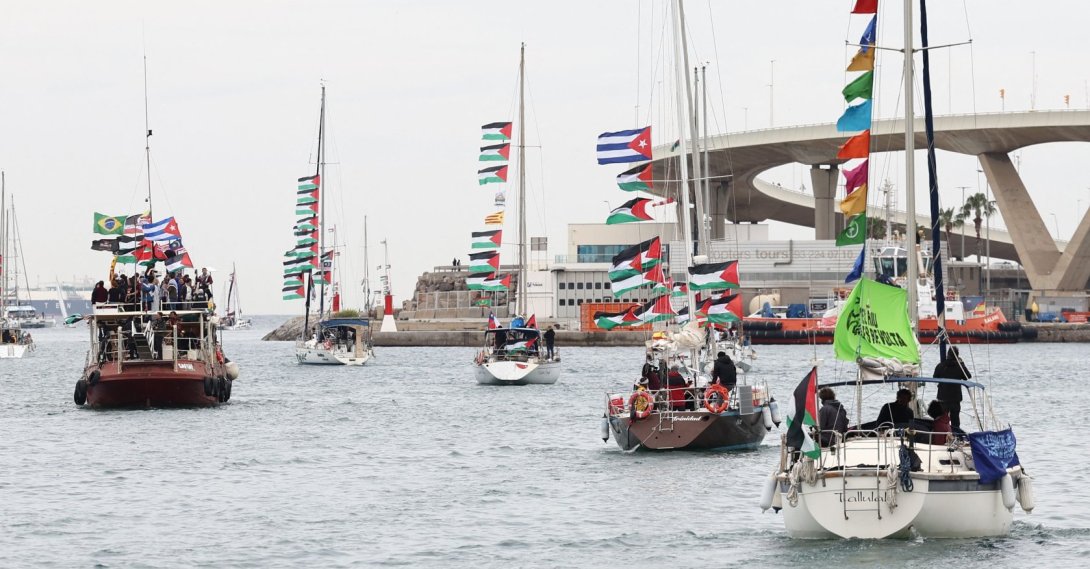 Boats of a new humanitarian flotilla bound for the Gaza Strip make a symbolic leave from Barcelona's Port Vell, April 12, 2026. (AFP Photo)