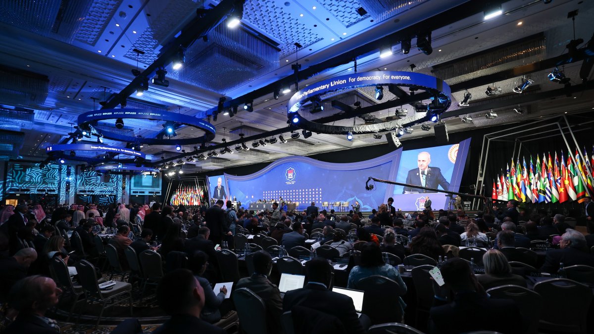 Parliament Speaker Numan Kurtulmuş addresses the general assembly of the IPU, Istanbul, Türkiye, April 16, 2026. (AA Photo)