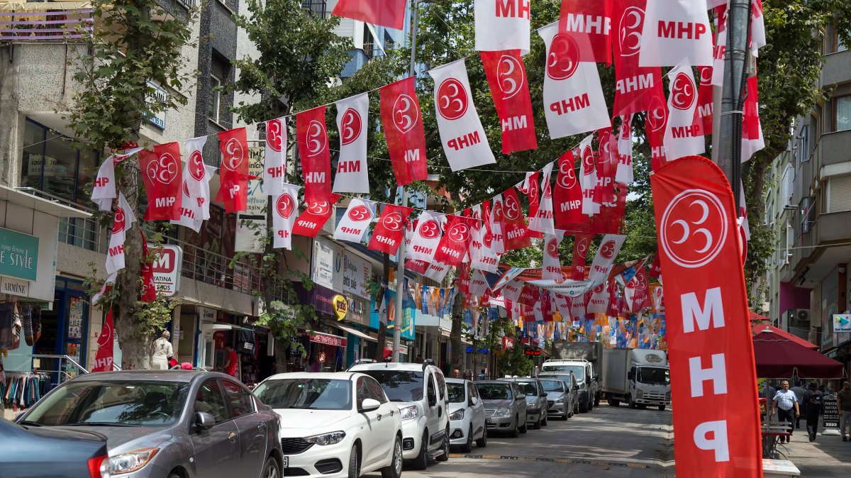 Flags of the MHP hang above a street, Istanbul, Türkiye, June 21, 2018. (Shutterstock Photo)