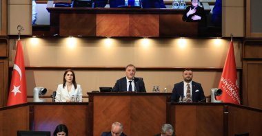Nuri Aslan (C), deputy mayor of Istanbul Metropolitan Municipality, chairs the first session of the April assembly at the municipal building, Saraçhane, Istanbul, Türkiye, April 13, 2026. (AA Photo)