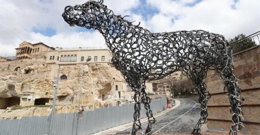 A horse sculpture made of metal horseshoes is displayed outside the Erhan Ayata Beautiful Horses Museum, Cappadocia, Nevşehir, Türkiye, April 10, 2026. (AA Photo)