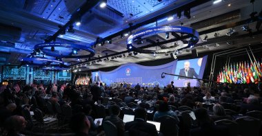 Parliament Speaker Numan Kurtulmuş addresses the general assembly of the IPU, Istanbul, Türkiye, April 16, 2026. (AA Photo)