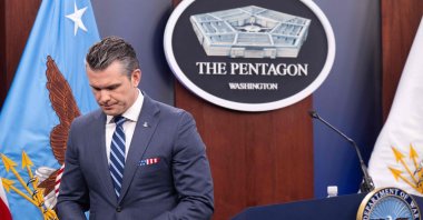U.S. Secretary of Defense Pete Hegseth departs after speaking during a press briefing at the Pentagon in Washington, D.C., U.S., April 16, 2026. (AFP Photo)
