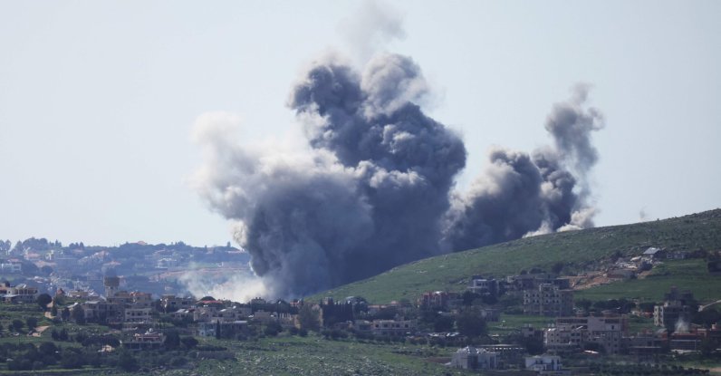 This photograph taken from the southern Lebanese area of Marjeyoun, shows smoke rising from the site of an Israeli strike that targeted the village of Kfar Tibnit, April 16, 2026. (AFP Photo)