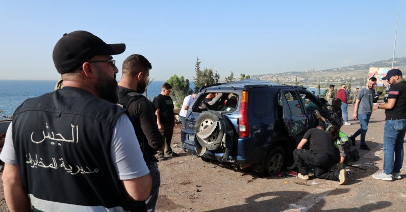 People work at the site of an Israeli airstrike that targeted a vehicle in Jiyeh town, south of Beirut, Lebanon, April 16, 2026. (EPA Photo)