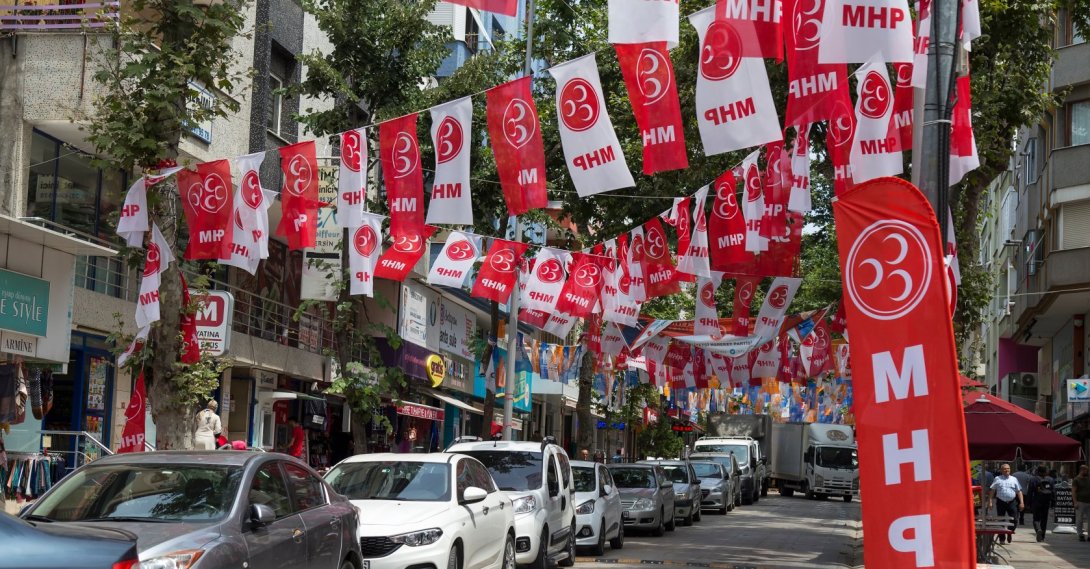 Flags of the MHP hang above a street, Istanbul, Türkiye, June 21, 2018. (Shutterstock Photo)