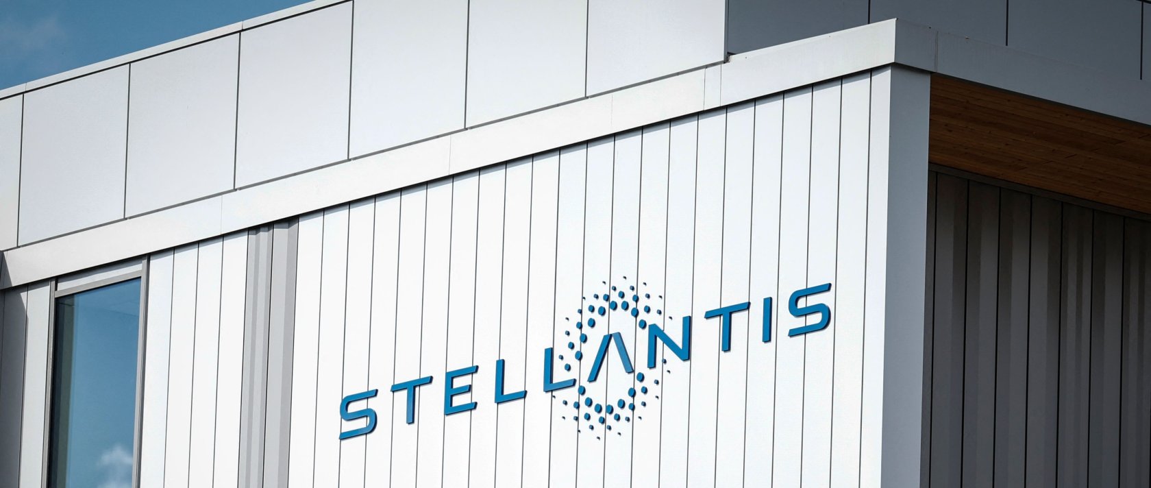 A photo shows a company logo at the Stellantis multinational car manufacturer's plant in Poissy, near Paris, France, April 15, 2026. (AFP Photo)