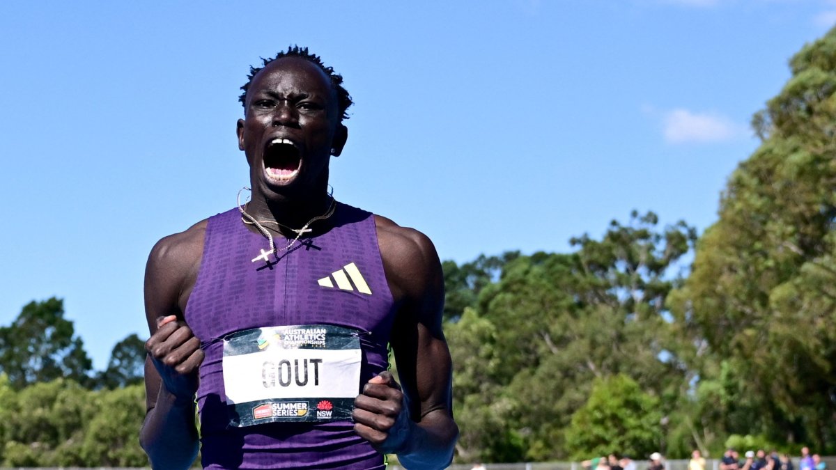 Australia's Gout Gout celebrates after winning the mens 200m final and setting a new national record, Sydney, Australia, April 12, 2026. (Reuters Photo)