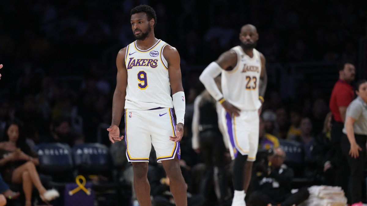 Lakers guard Bronny James (9) and father LeBron James (23) in the first half against the Utah Jazz, Los Angeles, California, U.S., April 12, 2026. (Photo by Kirby Lee-Imagn Images via Reuters)