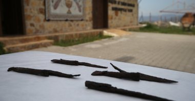 Knives believed to be 1,500 years old and a sharpening stone have been unearthed in the ancient city of Hadrianopolis, Karabük, Türkiye, April 17, 2026. (AA Photo)
