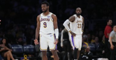Lakers guard Bronny James (9) and father LeBron James (23) in the first half against the Utah Jazz, Los Angeles, California, U.S., April 12, 2026. (Photo by Kirby Lee-Imagn Images via Reuters)