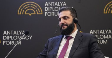 Syrian President Ahmed al-Sharaa speaks at a panel during the Antalya Diplomacy Forum, Antalya, Türkiye, April 17, 2026. (AA Photo)