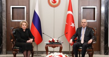 Parliament Speaker Numan Kurtulmuş (R) and Russian Federation Council Chair Valentina Matviyenko hold a meeting, Istanbul, Türkiye, April 17, 2026. (AA Photo)