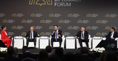 Energy and Natural Resources Minister Alparslan Bayraktar (C) speaks during a panel on the sidelines of the Antalya Diplomacy Forum, Antalya, southern Türkiye, April 17, 2026. (AA Photo)