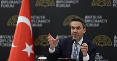 Energy and Natural Resources Minister Alparslan Bayraktar speaks during the 5th edition of the Antalya Diplomacy Forum (ADF2026) in Antalya, Türkiye, April 18, 2026. (AFP Photo)