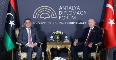 President Recep Tayyip Erdoğan meets with Libyan Prime Minister Abdulhamid Dbeibeh (L) on the sidelines of the 5th Antalya Diplomacy Forum in southern Antalya province, Türkiye, April 18, 2026. (AA Photo)