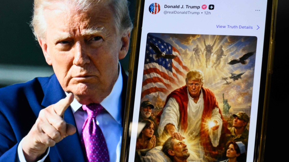 This photo illustration shows a picture of U.S. President Donald Trump on a screen, along with an AI-generated image he posted on his Truth Social platform depicting himself as Jesus Christ after criticizing Pope Leo XIV. (AFP Photo)