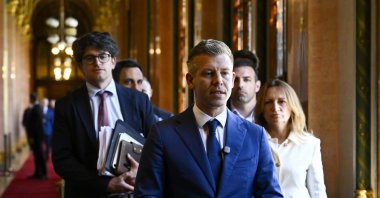 Hungarian Prime Minister-elect Peter Magyar (C) leaves the preparatory meeting for the inaugural session of the Parliament at the Parliament building, Budapest, Hungary, April 17, 2026.  (EPA Photo)