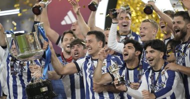 Real Sociedad players celebrate winning the Copa del Rey after beating Atletico Madrid, Seville, Spain, April 18, 2026. (AA Photo)