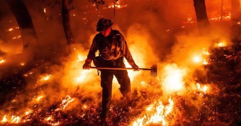 A firefighter battles the Pickett Fire burning in the Aetna Springs area of Napa County, Calif., U.S., Aug. 23, 2025. (AP Photo)