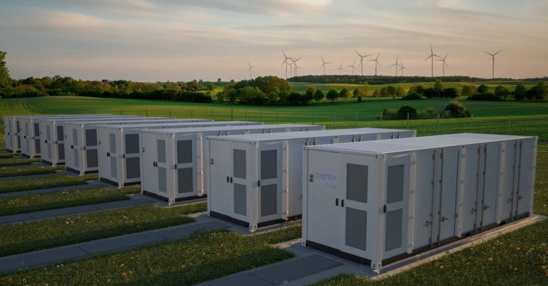 Energy storage power stations are seen close to a wind farm in this stock photo. (Shutterstock Photo)